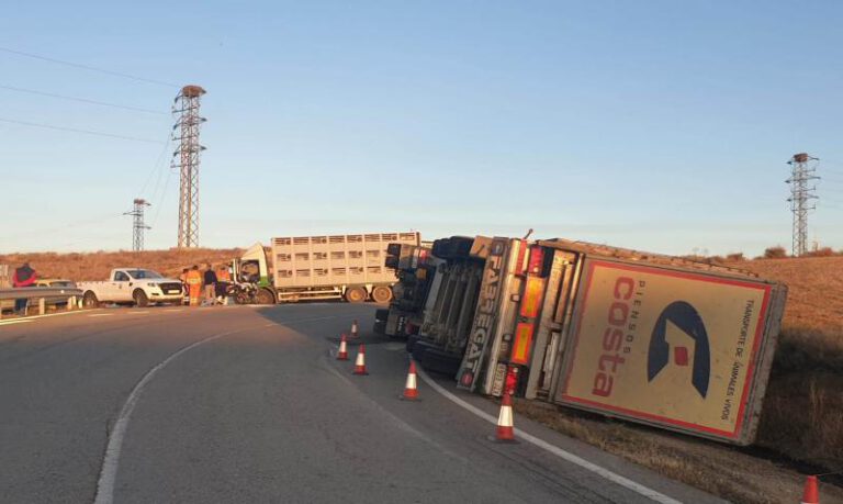 El camión ha quedado volcado sobre la cuneta. El camión ha quedado volcado sobre la cuneta.