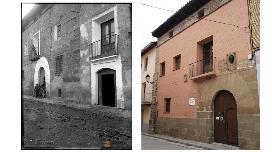 A la izquierda, la imagen tomada a principios del siglo XX por José Galiay; y a la derecha, una imagen actual del mismo edificio, la casa natal de Miguel Servet. 