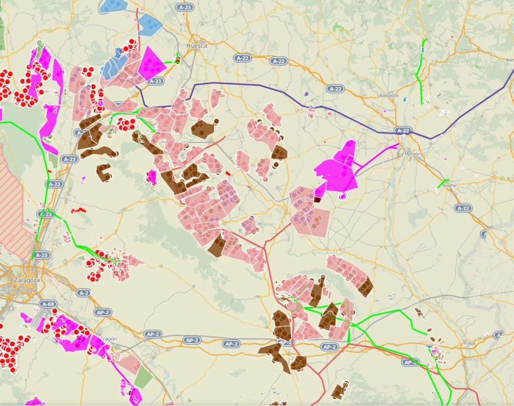 Imagen del mapa con los proyectos eólico y su estado elaborado por Ecologistas en Acción.