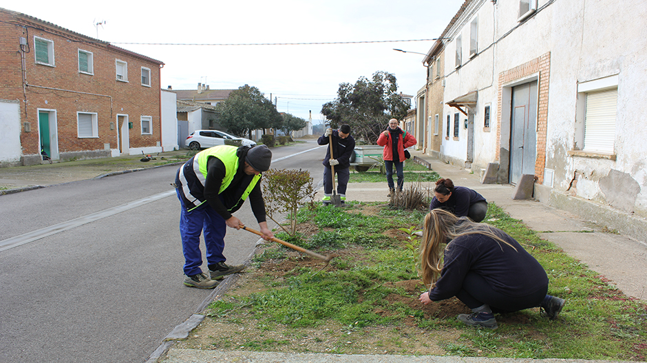 Un grupo de alumnos trabajando en la mejora de uno de los jardines vecinales.